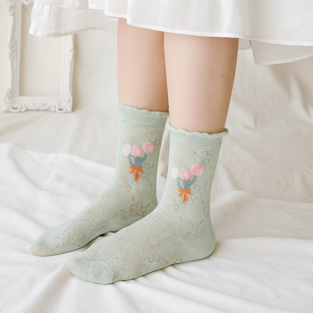 6Pairs Mesh Hollow Transparent Flower Socks Ruffle Sweet Socks Women Ins Style Mid Tube Socks  Girl