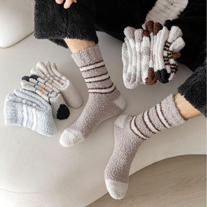 Coral fleece socks strips men's autumn and winter sleep socks medium tube socks fleece thickened warm home floor half fleece
