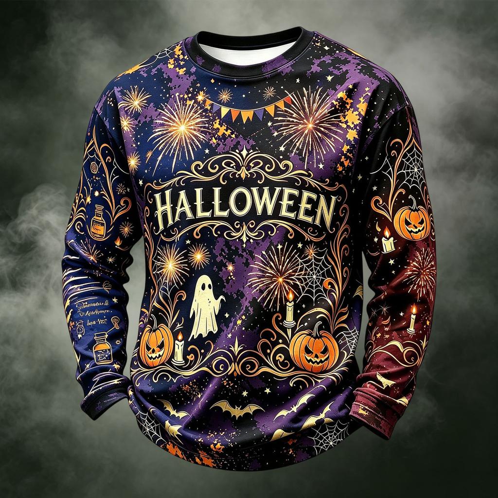 Men's Casual Knit Long Sleeve Neck T-Shirt with Halloween Print