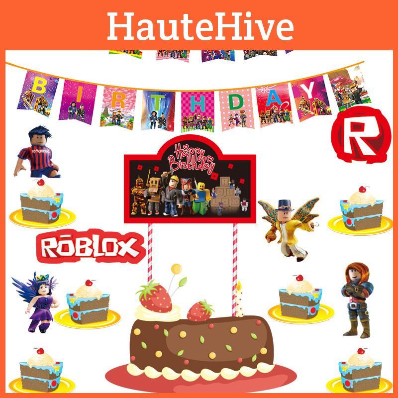 Farbenfrohe Roblox-Mottoparty-Artikel für Kindergeburtstage mit Bannern und Tortenaufsätzen
