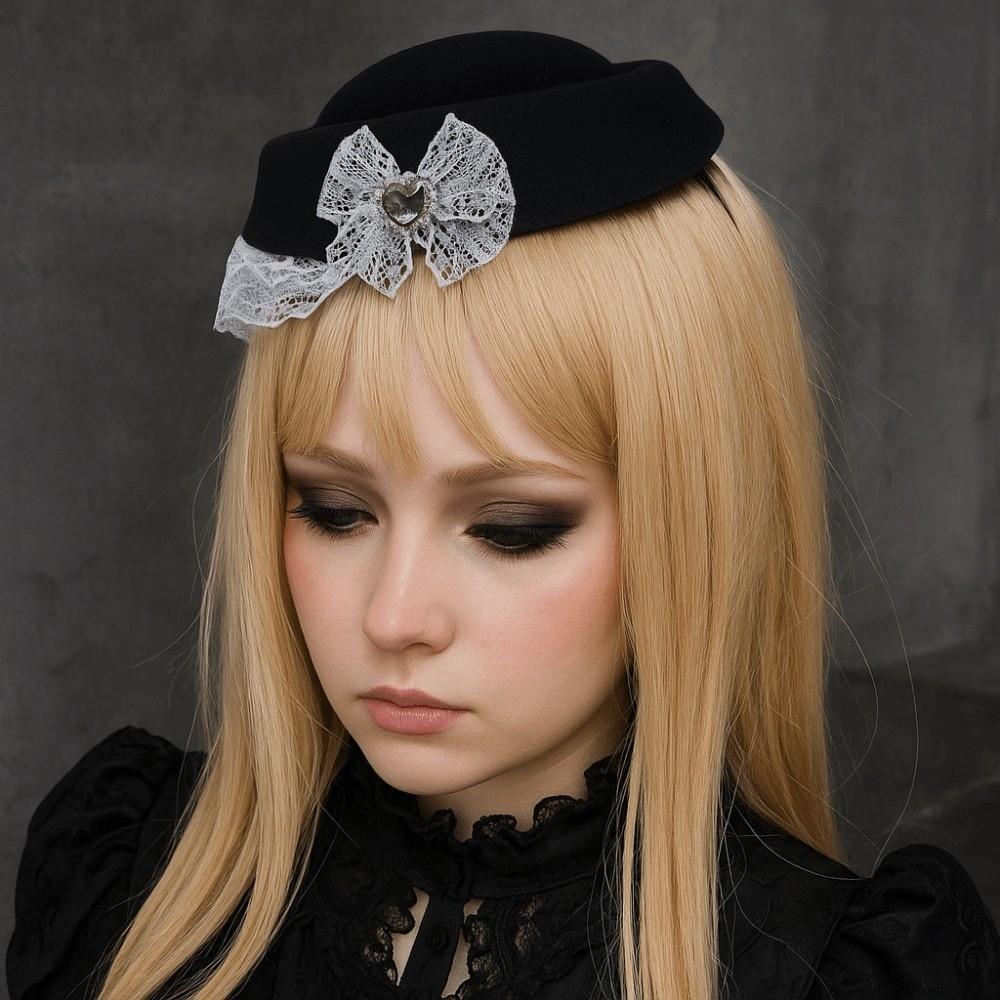Elegant Lace Billycock Hat Sweet Heart Crystal Round Hat Hair Accessories Bow Pillbox Hat  Party
