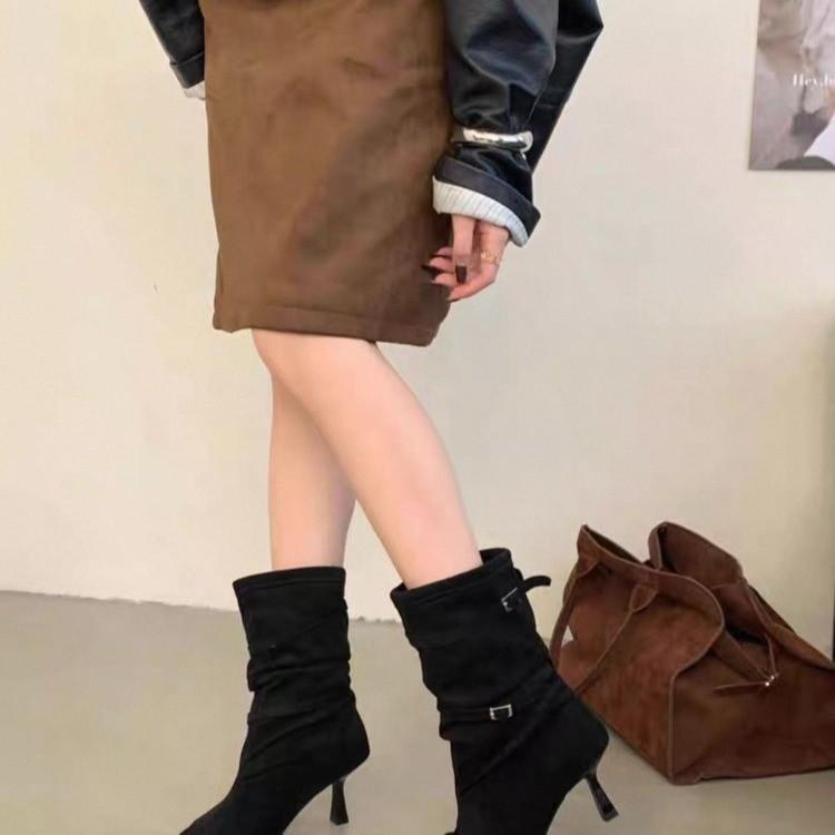 2025 autumn and winter new fashion versatile pointed heel suede French high heel thin short boots women's buckle belt