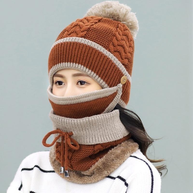 Winter Hat Scarf Mask Fur Warm Beanies Pompoms Winter Snow Ski Hats Knitted Caps Scarf Set Fashion Warm Accessories