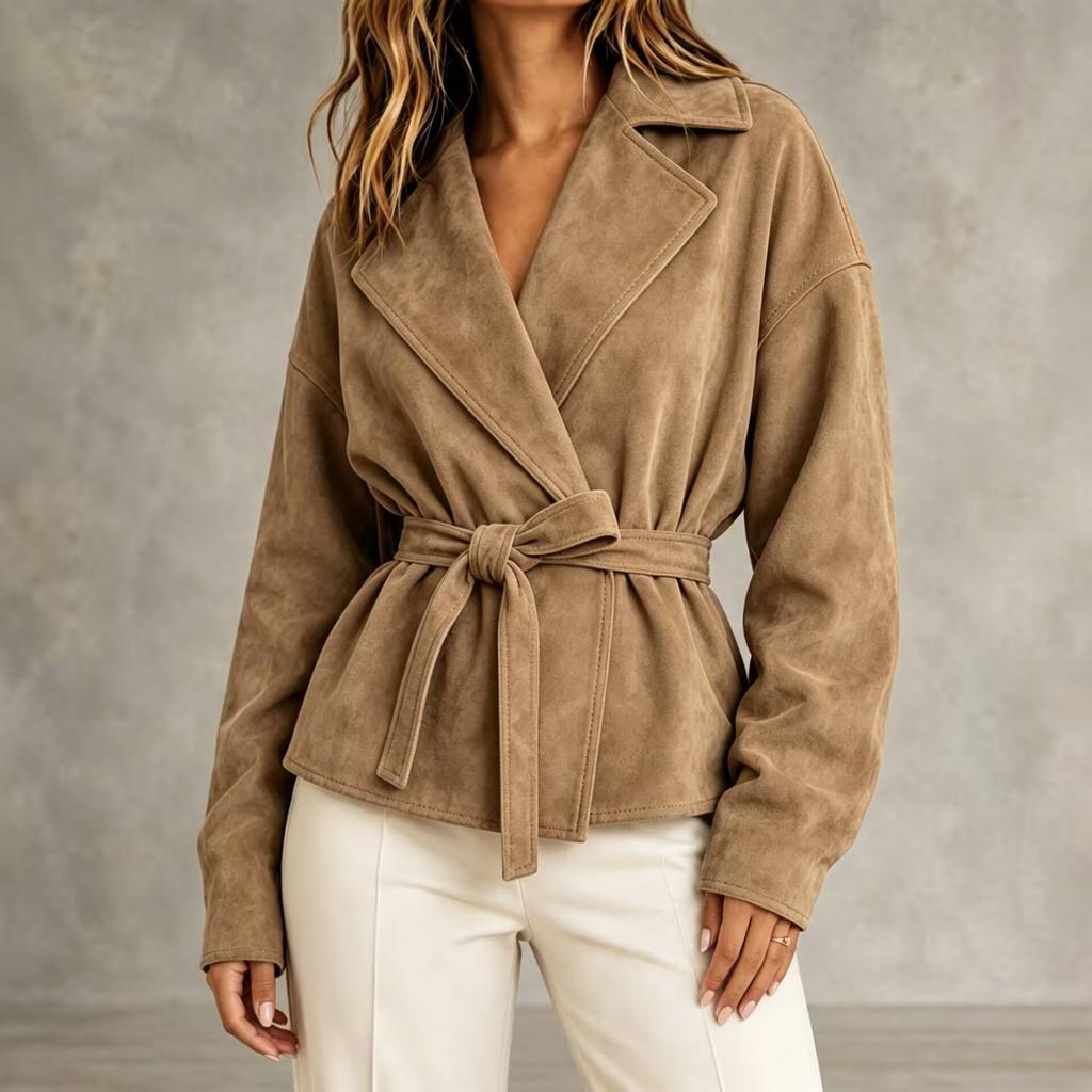 Giacca da Donna in Ecopelle con Collo a Revers e Cintura in Vita per Uso Quotidiano Casual