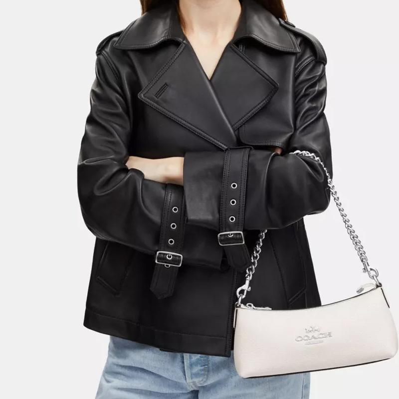 Coach Charlotte 25 Silver Logo Plate Chain, Grained Leather, Armpit Bag, Hand-held Crossbody Shoulder Bag, Women's White