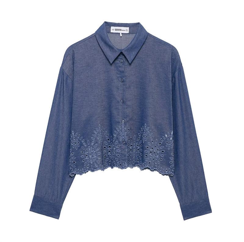 

TAOP&ZA Женская весенне-летняя повседневная рубашка с длинным рукавом, вышивкой и вырезами Extra Small темно-синий