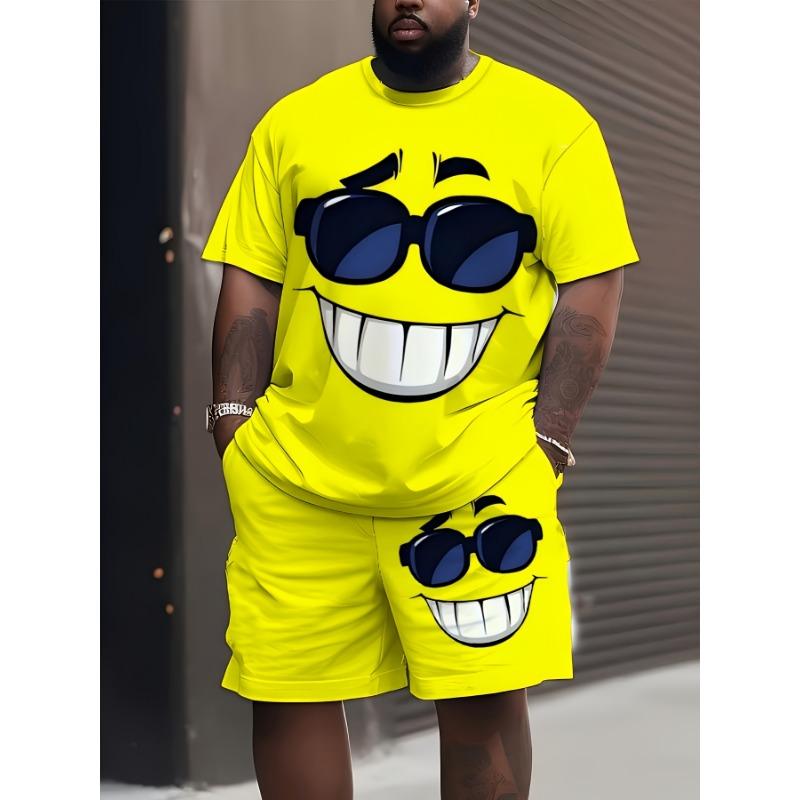 Große Größe neuer Sommer Herren Kurzarm-Shorts-Anzug [bedrucktes Design - keine Textur] Sommer Herren Kreatives Cooles Glückliches Muster Bedruckter Anzug