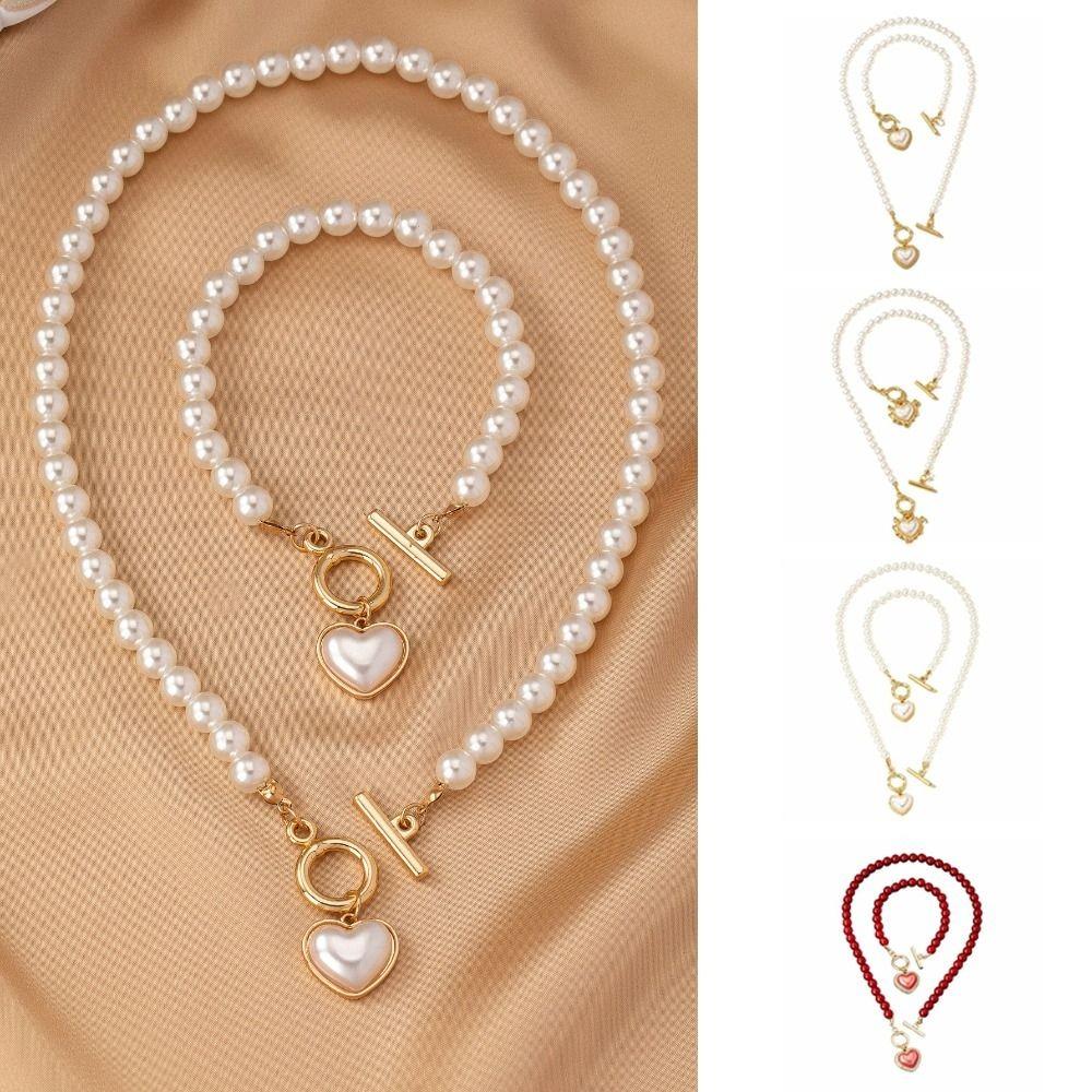 Beaded Heart Pendant Jewelry Set Crystal Pearl Necklace Set Necklace Bracelet Set  Wedding Party