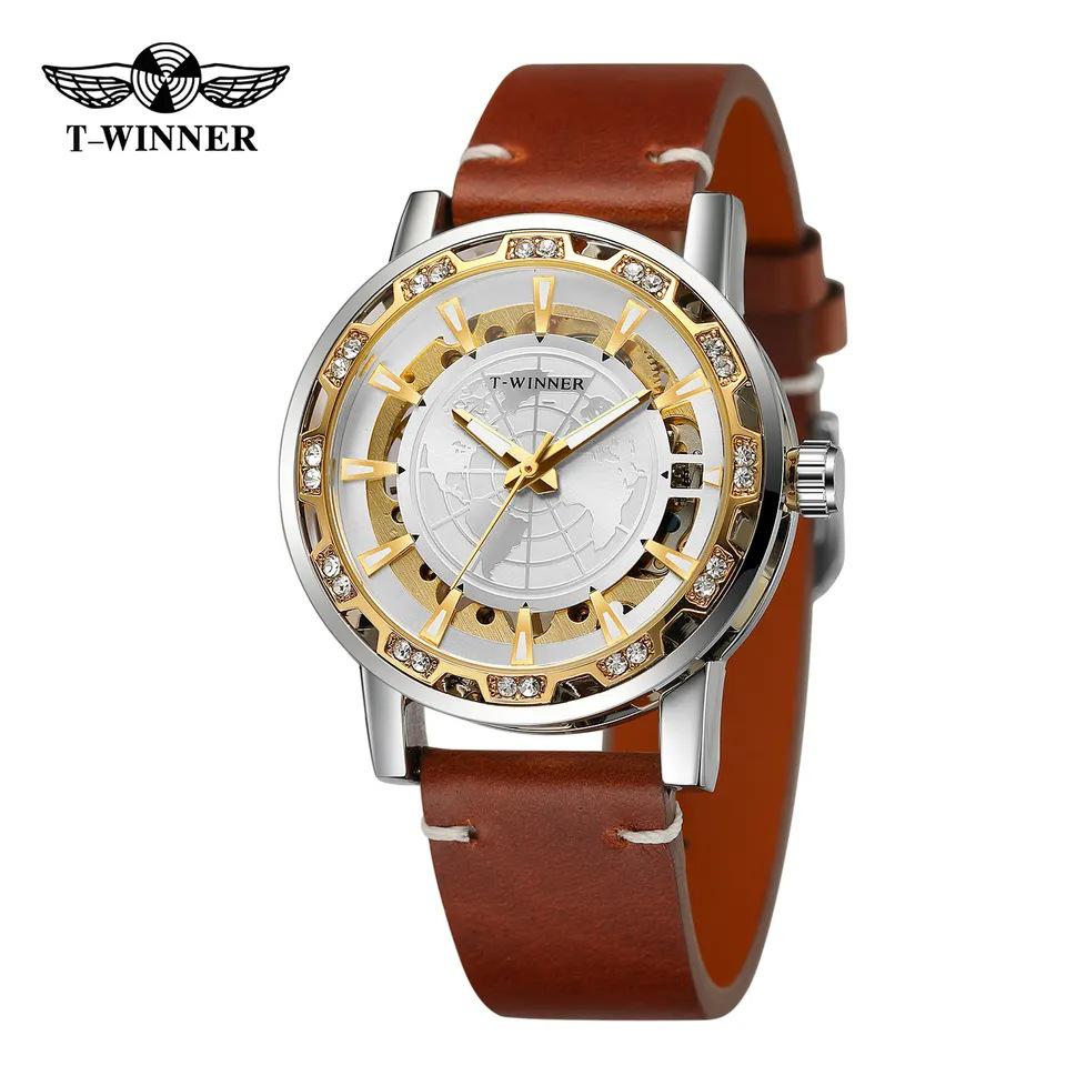 

WINNER Мужские механические часы с бриллиантами - Модный стальной браслет со стразами, Водонепроницаемые