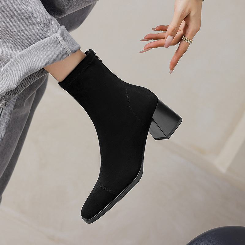 Krazing Pot Microfiber Flock Square Toe Winter Thick High Heels Fashion Boots Women Size 42 Elegant Patch Work Ankle Boots