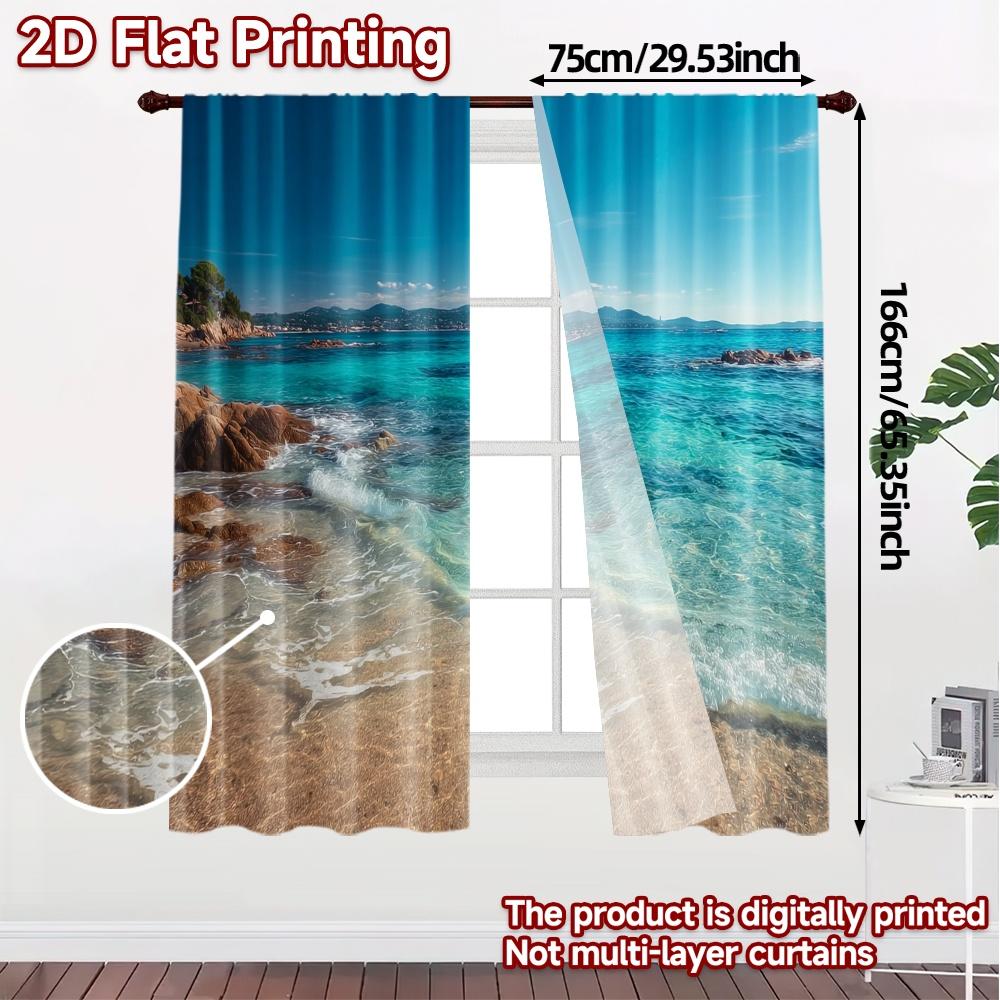 2pcs   2D FLAT PRINTING Curtains (Without Rod) AzureShoreline Chic Pattern Curtains Versatile Polyester Curtains Art Deco Festive