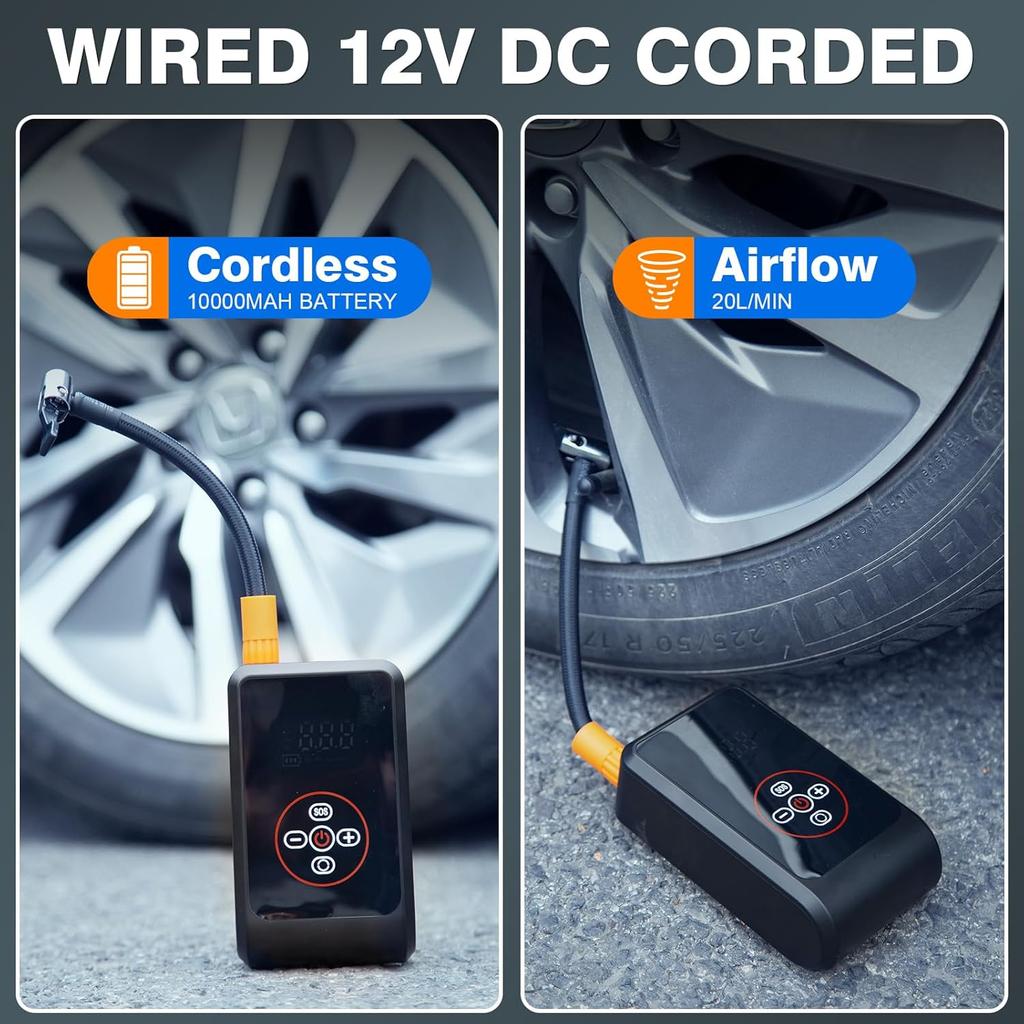 Pompa d'aria portatile per auto, display digitale, pompa elettrica wireless/cablata da 150 PSI, con schermo LCD, per bicicletta, moto, illuminazione di emergenza, ricarica