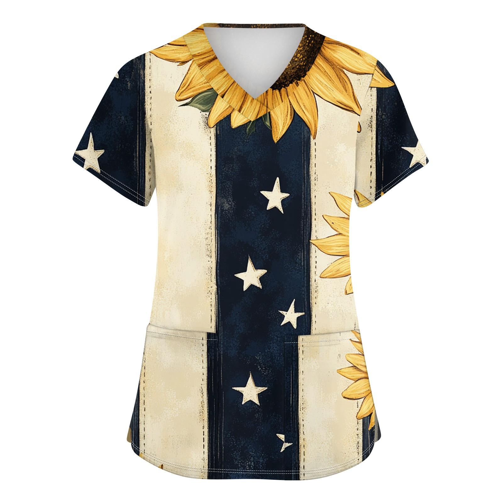 

Женская мода V-образный вырез короткий рукав рабочая одежда с карманами День независимости принтованные топы L