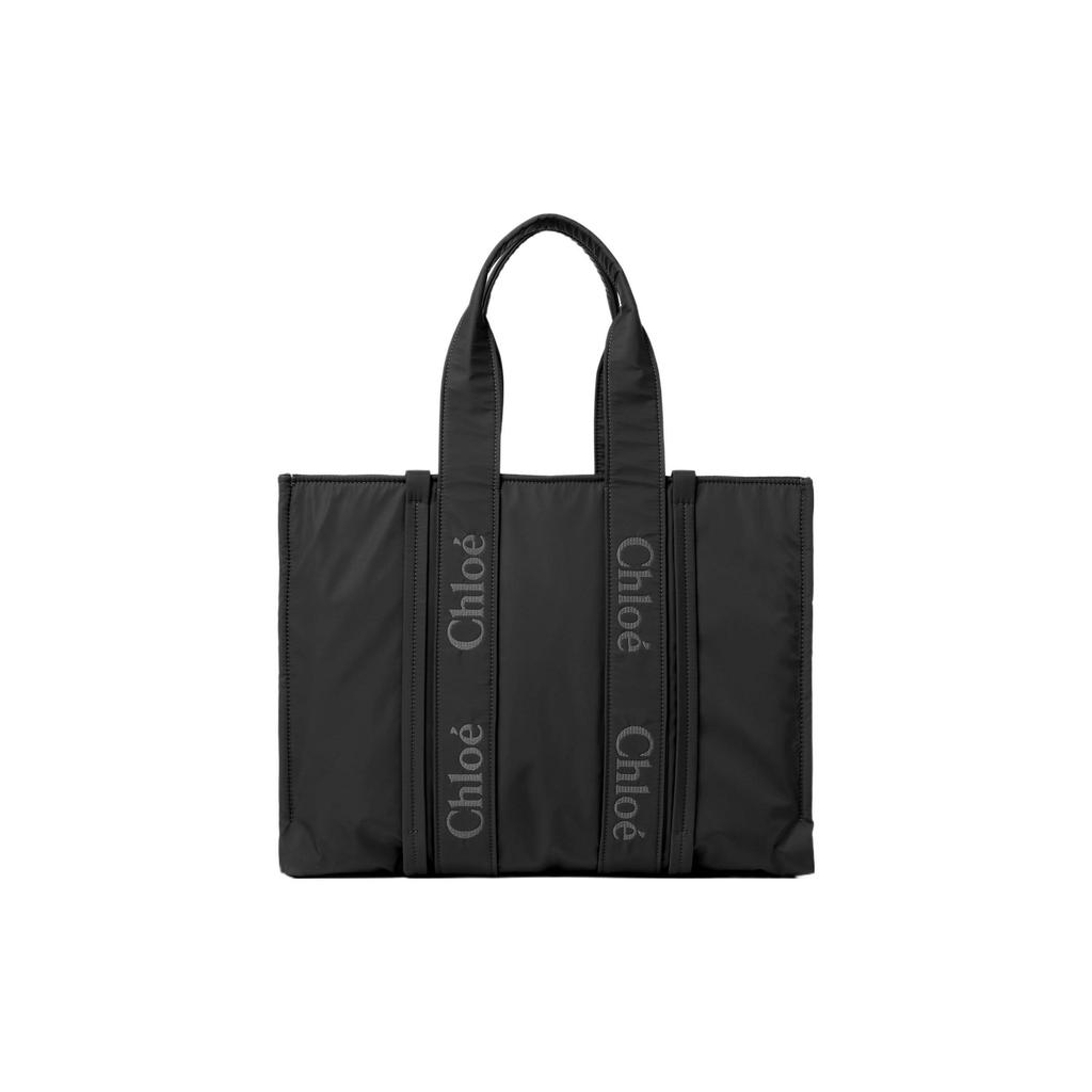 Chloe Woody Ikonisches Besticktes Logo Unifarben Recyceltes Nylon Tragetasche Einkaufstasche Schulter Handtasche Groß Damen-Tragetaschen Schwarz CHC23-WS382L41-001