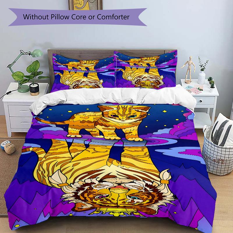 3pcs Tiger Cat Print Duvet Cover Set, 1 Duvet Cover + 2 Pillowcases (No Insert), High-Definition Print, Home & Dorm yy251123007