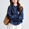 Round Neck Denim Blue Shirt for Women Long Sleeve Summer New Thin Tops Literary Vintage Shirt