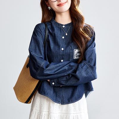 Round Neck Denim Blue Shirt for Women Long Sleeve Summer New Thin Tops Literary Vintage Shirt