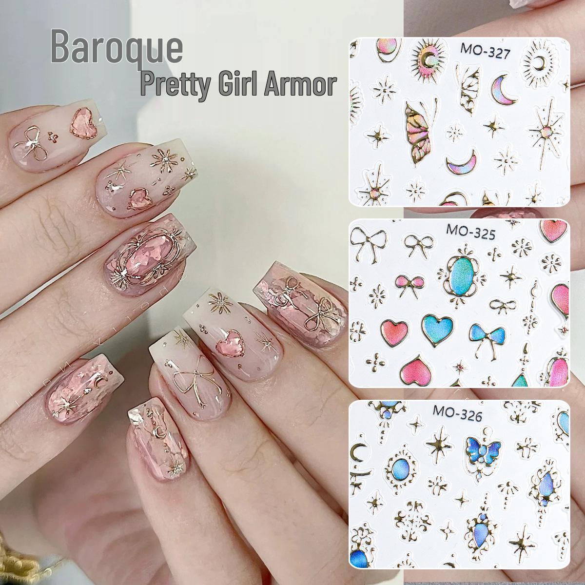 

Baroque Gold 3D Nail Stickers: Bowknot, Heart, Moon Decals
