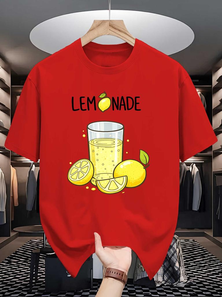 Fresh Lemon Lemonade Cartoon Print Unisexs Crew Neck T Shirt Summer Fruit Drink Graphic Short Sleeve Casual Cotton Daily Tops