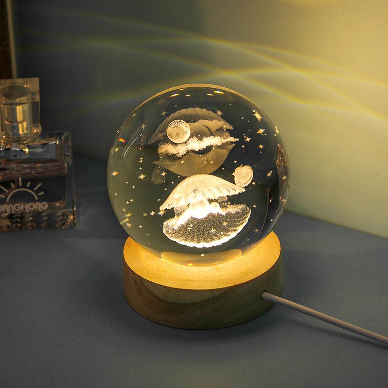 

Deep Sea Crystal Ball Night Light: 3D Carved Ornament with Luminous Wood Base Single 6cm Ball