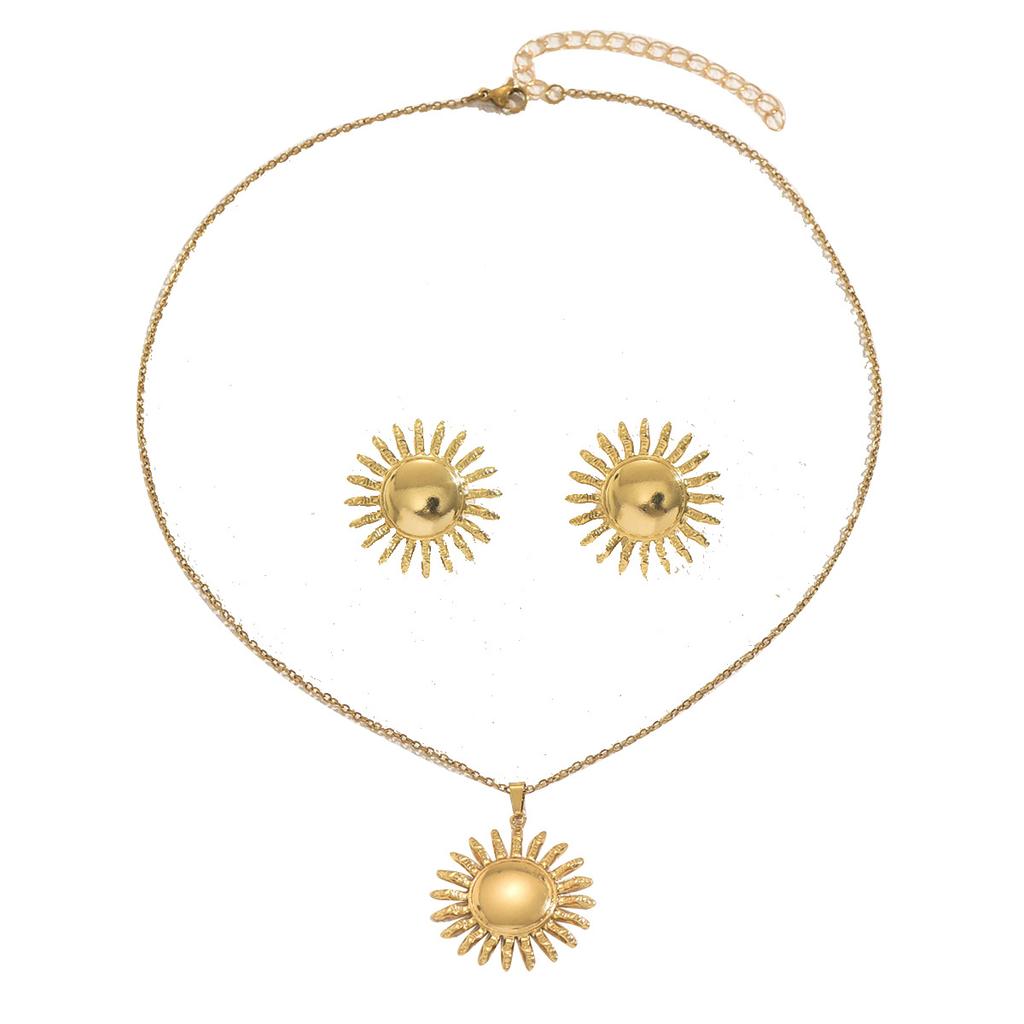 Ladies Flower Necklace Set, Personalized Metal Sunflower Design Pendant Chain Earrings Jewelry Women
