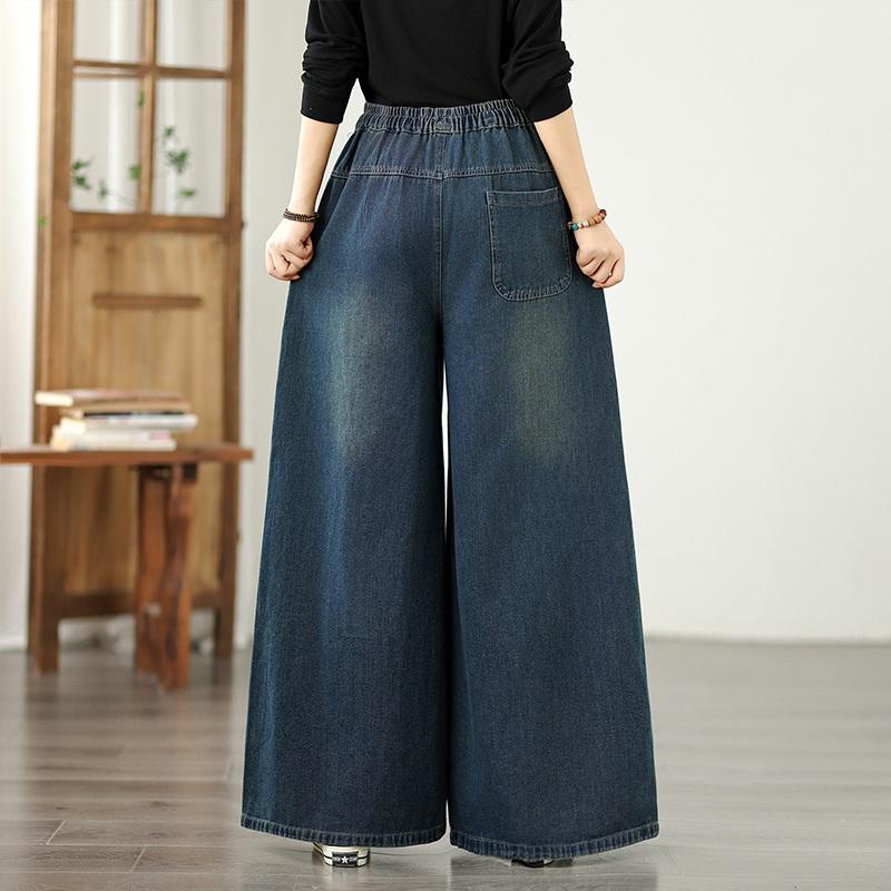 Plus Size Vintage Floral High Waist Casual Loose Women Spring Summer Autumn Jeans Denim Wide Leg Pants