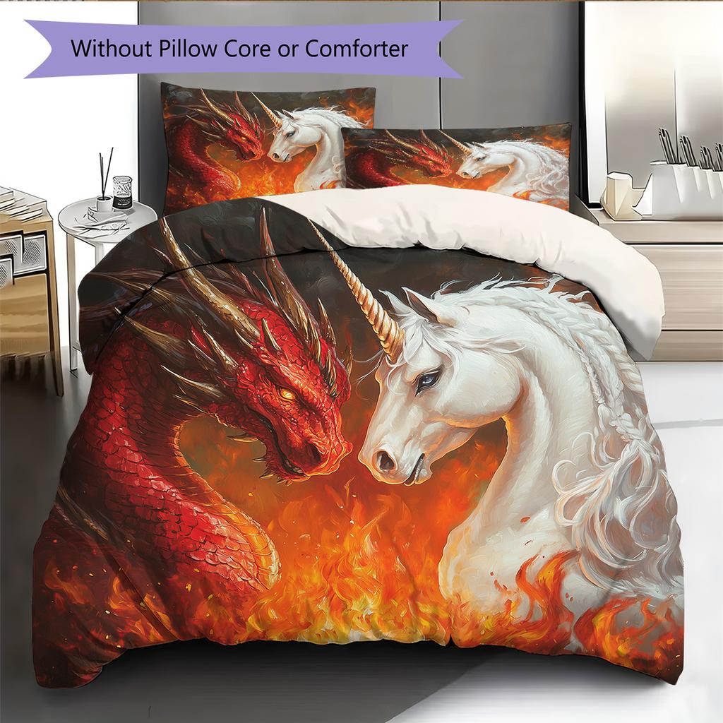 Dragon and unicorn Pattern Bedding Quilt Set Quilt Cover Pillowcase Home Decoration Gift (1 * duvet cover + 2 * pillowcase, without core)