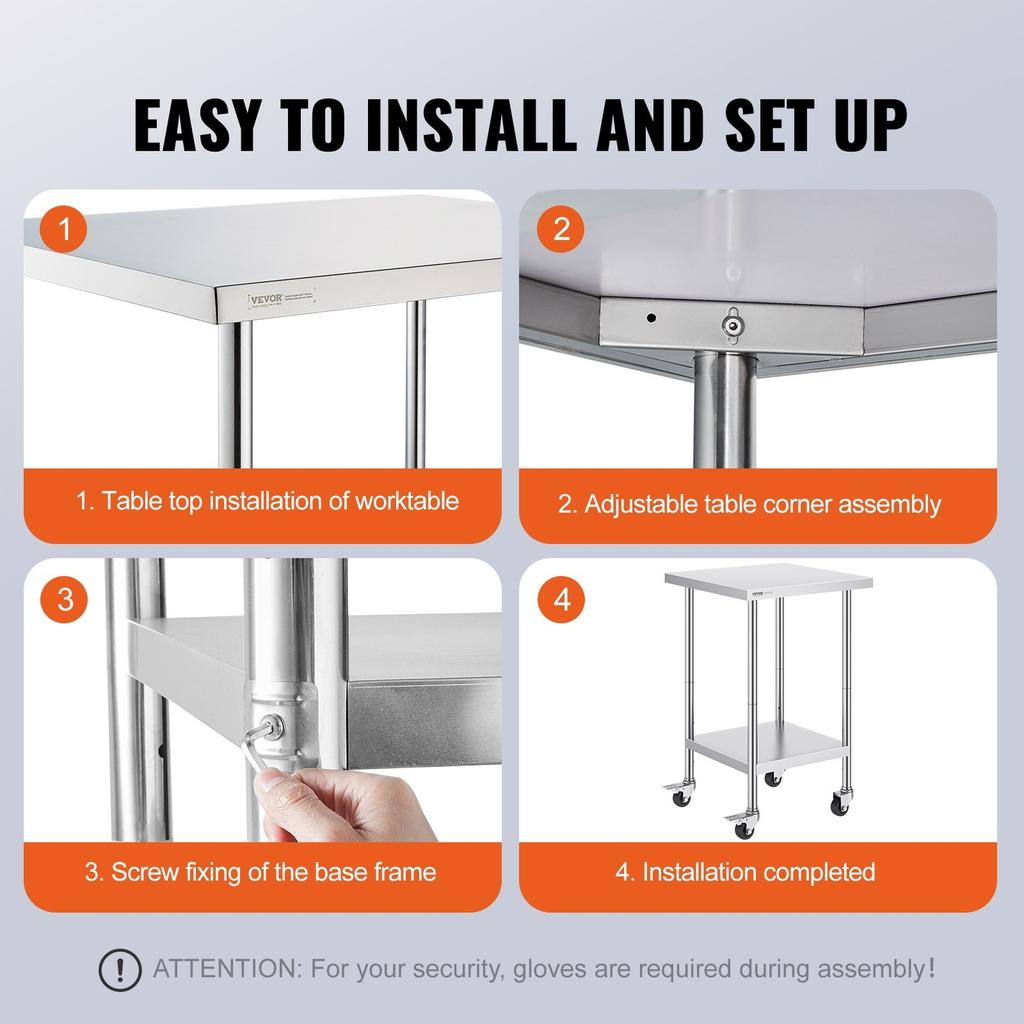Stainless Steel Work Table Commercial Prep Table 24x24 Inch With 4 Casters