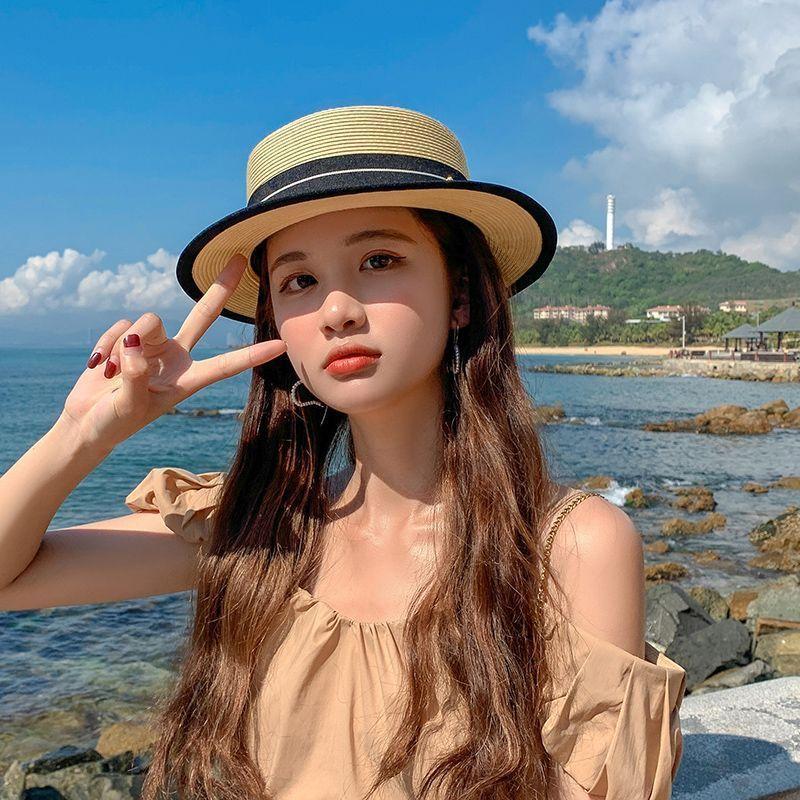 Hat Women's Summer British Hat Flat Top Short Brim Top Hat Outdoor Sun Protection Beach Resort Seaside Sun Hat