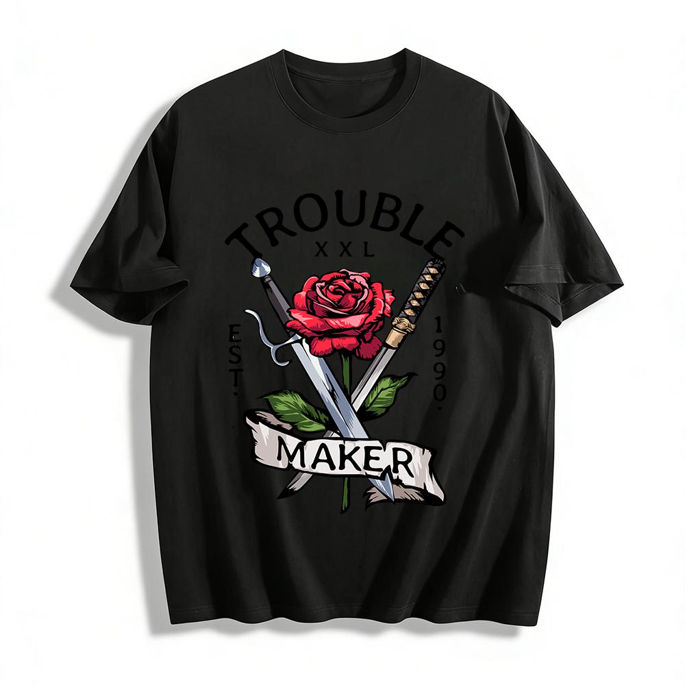 

TroubleMaker Rose Sword Print Vintage Casual Short Sleeve T-Shirt Pure cotton T-shirt XXS