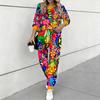 Women Retro Pattern Print Two Piece Outfit, Long Sleeve Crew Neck Top & Drawstring Jogger Pants Casual Tracksuit for Spring Autumn