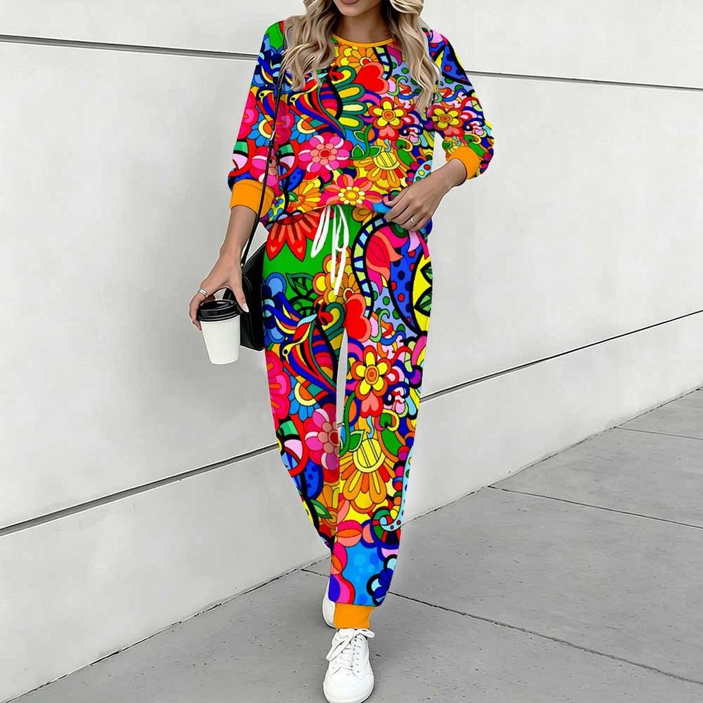 Women Retro Pattern Print Two Piece Outfit, Long Sleeve Crew Neck Top & Drawstring Jogger Pants Casual Tracksuit for Spring Autumn