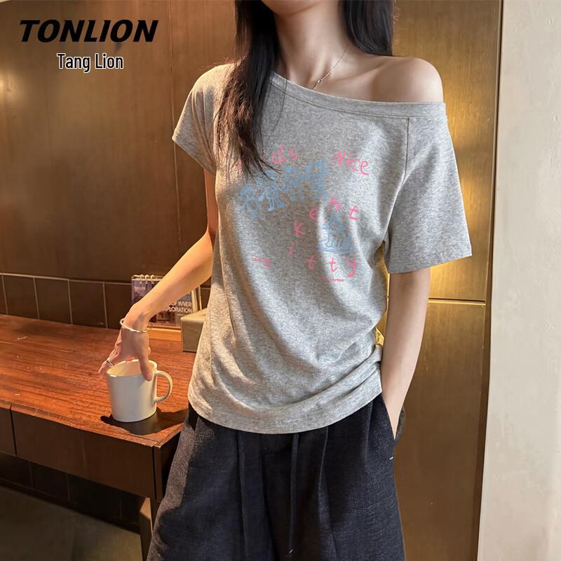 TonLion Women s Simple Sketch Cat Off-Shoulder T-Shirt S