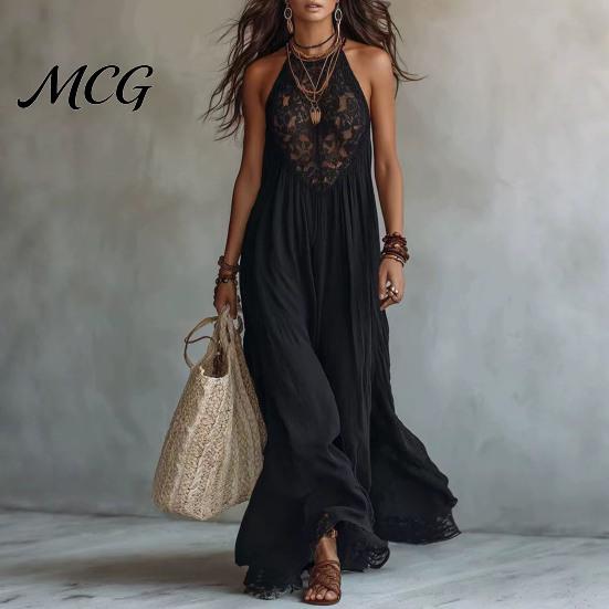 Pleated Skirt Women Women's Sheer Lace Halter Maxi Dress, Sleeveless Floral Off Shoulder Dress Patchwork A-line Long Summer Vacation Flowy Sundress