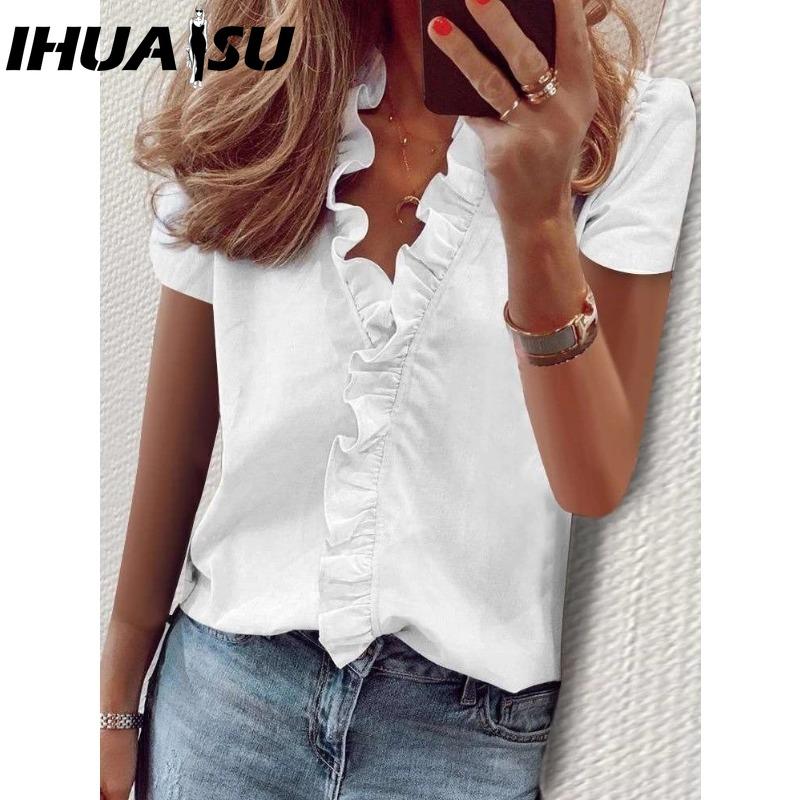 IHUASU Women's Fashion Casual Solid Color Print Short Sleeve V Neck Blouses & Shirts