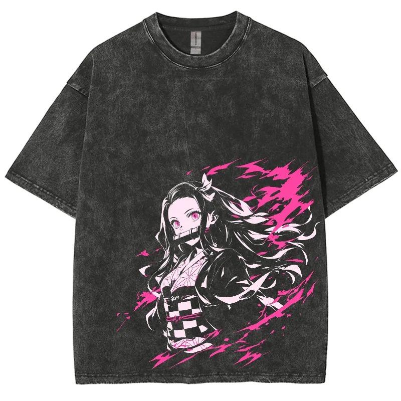 Hot Anime Demon Slayer Kamado Tanjirou Graphic Print T Shirt Men Manga Tshirts Washed Cotton T-shirt Harajuku Male Vintage Tee Female Male Clothing