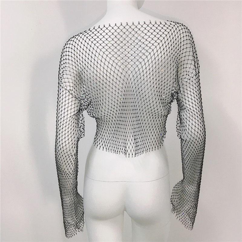 Trendy Mesh Fishnet T-Shirt For Europe And America - Long-Sleeved Rhinestone Top. Sexy Hot Girl Style With Heat-Pressed Rhinestones-Mesh Top For Women