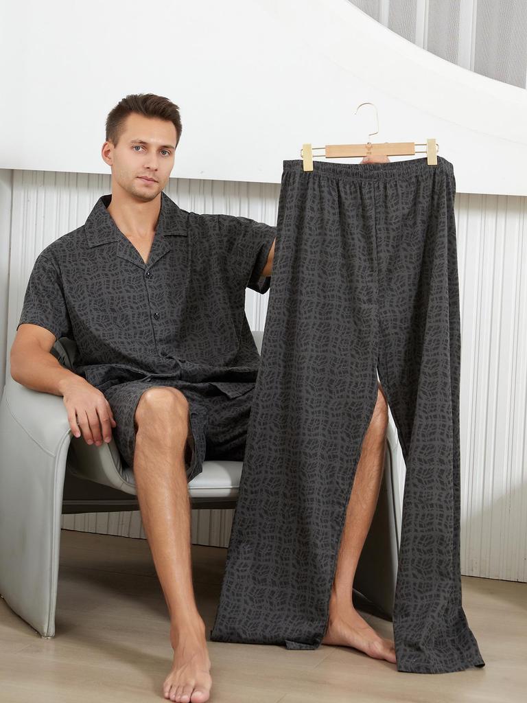 Men's Summer Cotton Pajamas 3-Piece Set: Short Sleeve Top, Long Pants, Casual Thin Shorts Home Wear