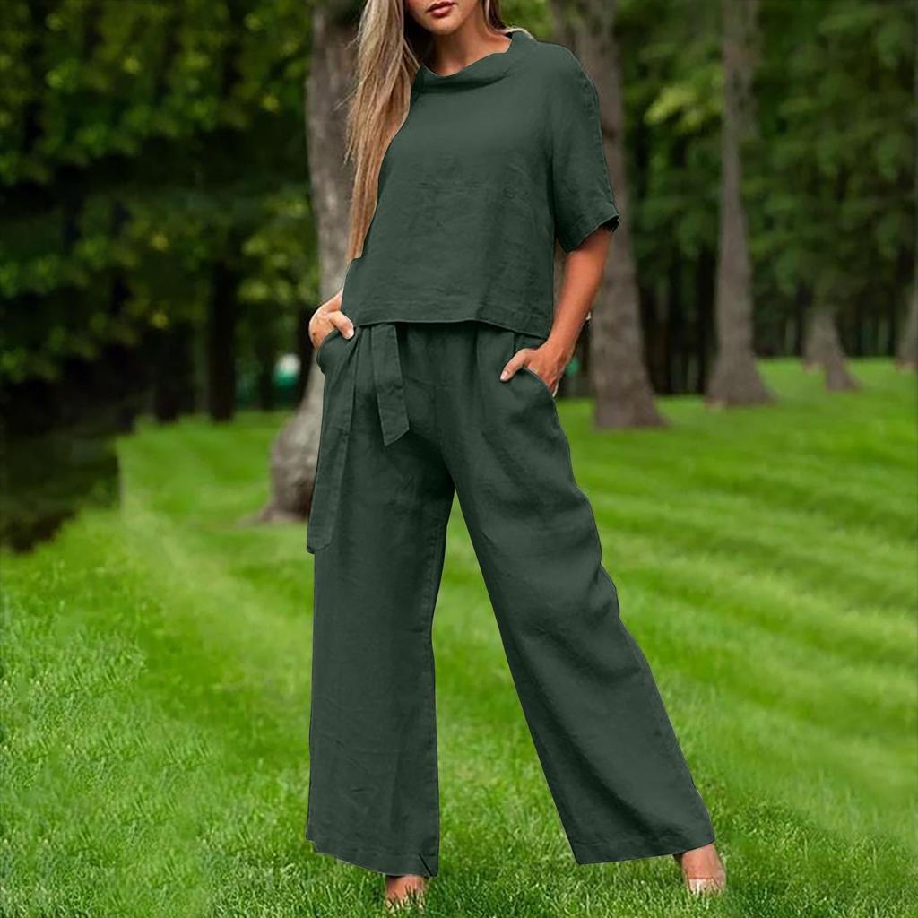 European & American Plus Size Women's Casual Summer Two-Piece Set with Short Sleeve Round Neck