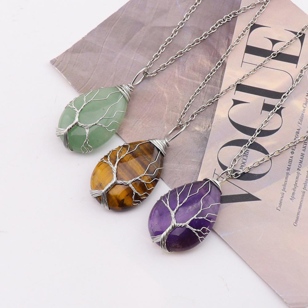 Přírodní achátový křišťálový náhrdelník s přívěskem Strom života