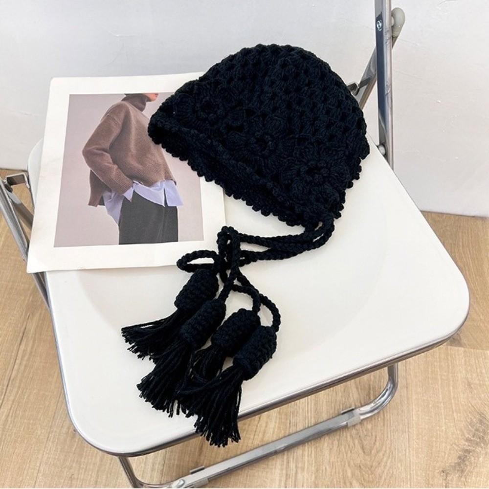 Fashion Hollowed-out Flower Bonnet Hat Hand Woven Long Tassel Pullover Hat Windproof Knitted Ear Protection Hat