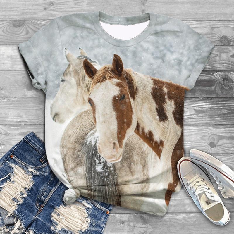 New Women T-Shirts Horse 3D Print Women's Round Neck Short Sleeve T Shirt Animal Graphic Tees Harajuku Y2K Tops Female Clothing