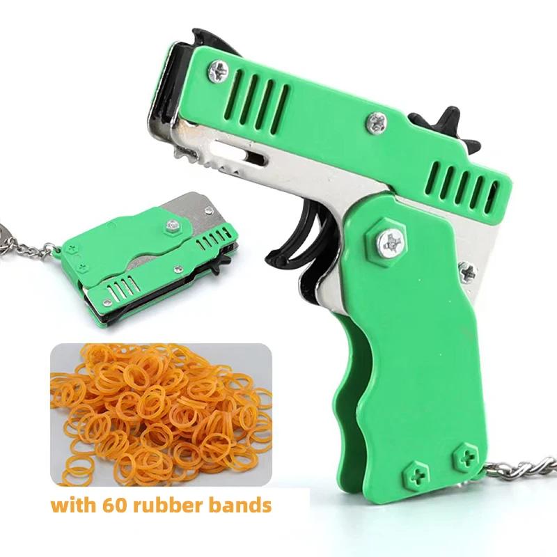 Metal Toy Gun Mini Burst Folding Rubber Band Gun Alloy Model Gun Pendant Outdoor Sports Toy Pistol Keychain for Boys Kids