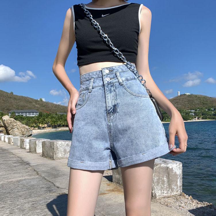 Women's Super High Waist Double Button Cuffed Denim Shorts - 2022 Spring/Summer, Slimming A-line Hot Pants, Trendy Style.
