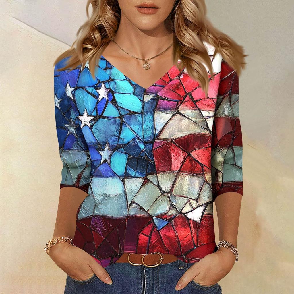 Top da donna Camicia a maniche a tre quarti Scollo a V Camicia casual ampia T-shirt stampata