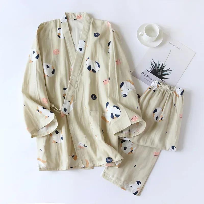 Yedi Kollu Kimono Pijama Seti Kadın İlkbahar ve Sonbahar %100 Pamuk Gazlı Bez Ev Giyim Şirin Tatlı
