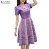 ZANZEA Women Square Neck Summer Casual Short Sleeve Print Dress