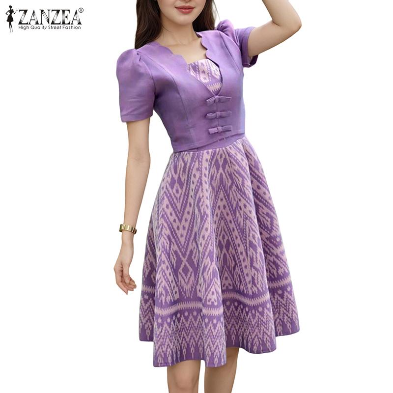 ZANZEA Women Square Neck Summer Casual Short Sleeve Print Dress