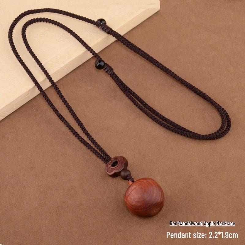 Ethnic Sandalwood Apple Pendant Necklace, Long Wooden Accessory for Women & Men, Openable Sweater Chain
