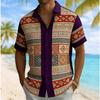 Men's Vintage Ethnic Patchwork Print Short Sleeve Shirt, Spring Summer Casual Vacation Turn-Down Collar Blouse, Loose Fit Top